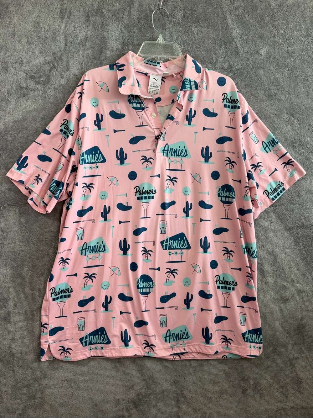 Puma x Arnold Palmer Golf Polo Men’s XL Pink Annie’s Inn Palmer’s Place Print